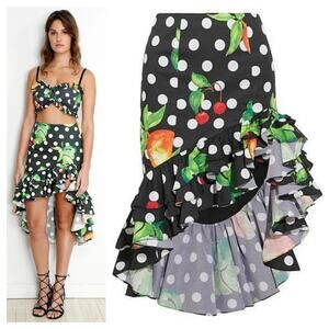 [Caroline Constas] Polka Dot Orange Print Asymmetrical Ruffle Skirt Sz Medium M